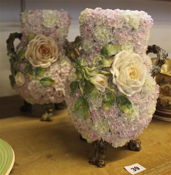 Pair of German porcelain flower encrusted vases